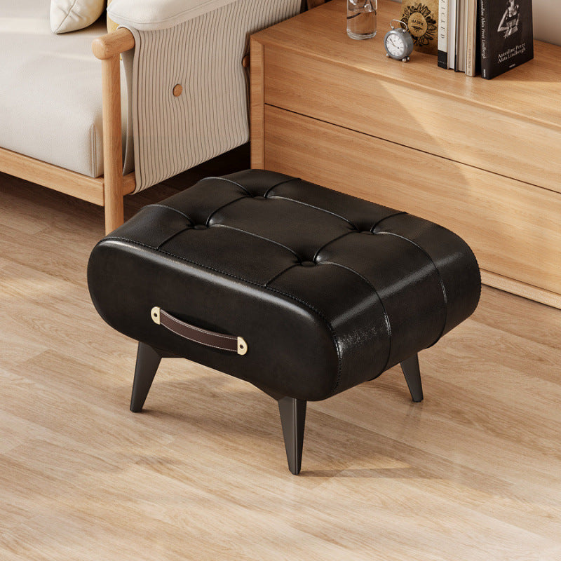 Contemporary Scandinavian PU Leather Solid Wood Metal Rectangular Low Stool For Living Room