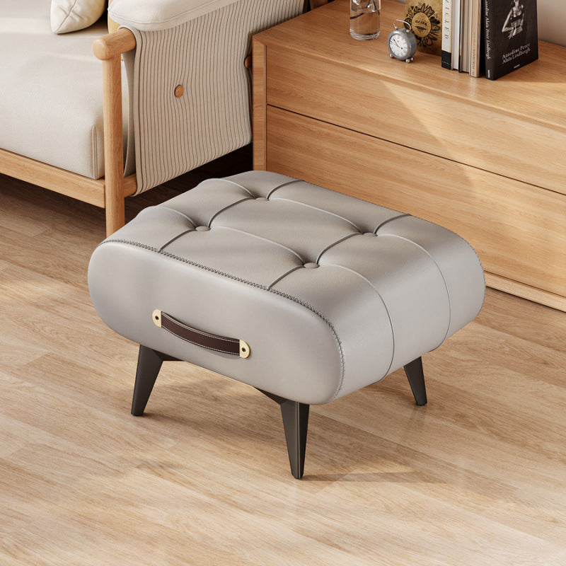 Contemporary Scandinavian PU Leather Solid Wood Metal Rectangular Low Stool For Living Room