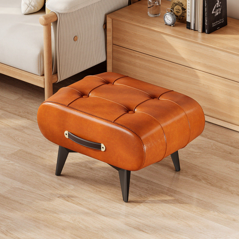 Contemporary Scandinavian PU Leather Solid Wood Metal Rectangular Low Stool For Living Room