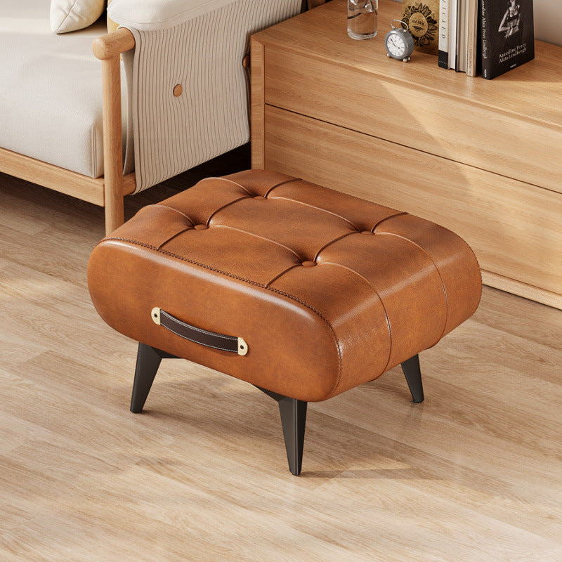 Contemporary Scandinavian PU Leather Solid Wood Metal Rectangular Low Stool For Living Room