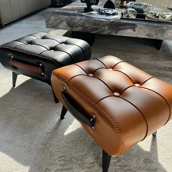 Contemporary Scandinavian PU Leather Solid Wood Metal Rectangular Low Stool For Living Room