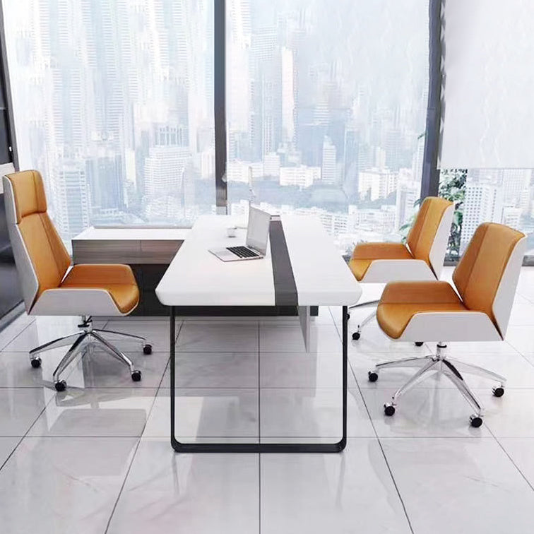 Contemporary Scandinavian PU Leather Wood Aluminum Curved Rectangular Desk Chair With Backrest For Home Office