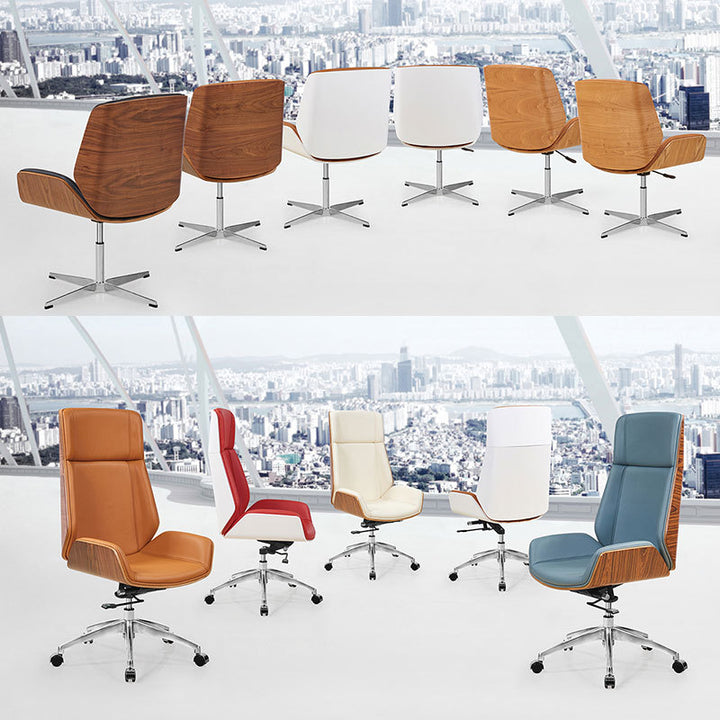 Contemporary Scandinavian PU Leather Wood Aluminum Curved Rectangular Desk Chair With Backrest For Home Office