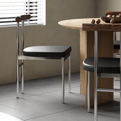 Contemporary Scandinavian Leather Metal Solid Wood Rounded Rectangular Dining Chair With Backrest For Dining Room