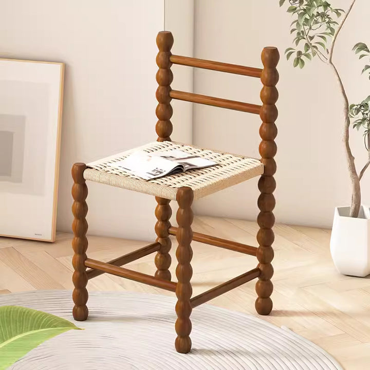 Traditional Vintage Rubber Wood Paper Cord Square Cylindrical Dining Chair With Backrest For Dining Room