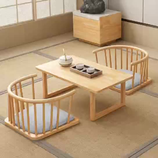 Traditioneller japanischer Baumwoll-Leinen Massivholz gebogener Bodenstuhl mit Rückenlehne für das Wohnzimmer 