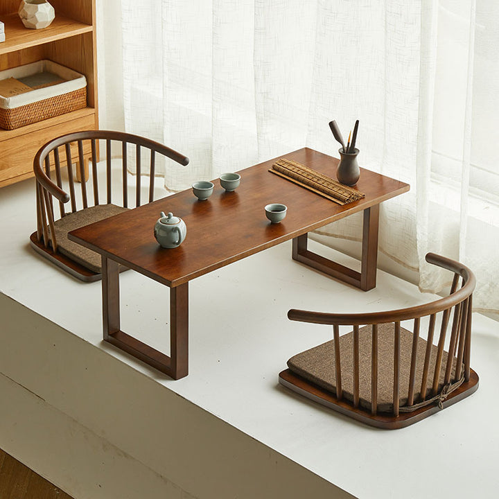 Traditioneller japanischer Baumwoll-Leinen Massivholz gebogener Bodenstuhl mit Rückenlehne für das Wohnzimmer 