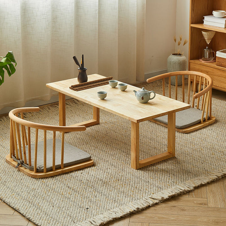 Traditioneller japanischer Baumwoll-Leinen Massivholz gebogener Bodenstuhl mit Rückenlehne für das Wohnzimmer 