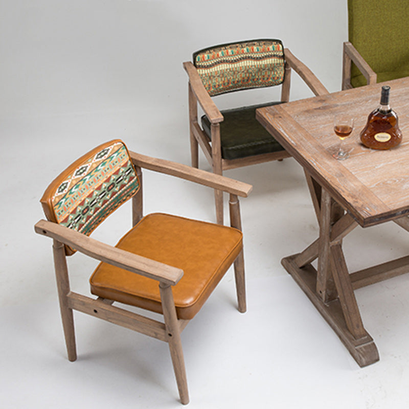 Traditional Vintage PU Leather Solid Wood Rectangular Dining Chair With Armrests Backrest For Dining Room