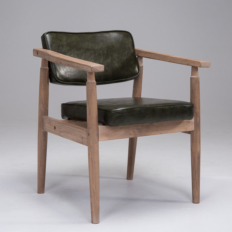 Traditional Vintage PU Leather Solid Wood Rectangular Dining Chair With Armrests Backrest For Dining Room