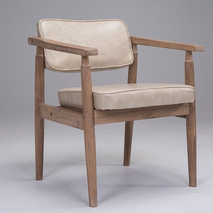 Traditional Vintage PU Leather Solid Wood Rectangular Dining Chair With Armrests Backrest For Dining Room