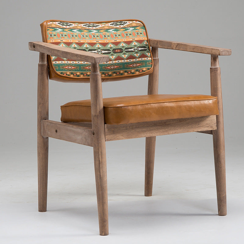 Traditional Vintage PU Leather Solid Wood Rectangular Dining Chair With Armrests Backrest For Dining Room
