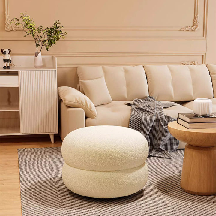 Tabouret bas rond plat en bois massif et en laine d&