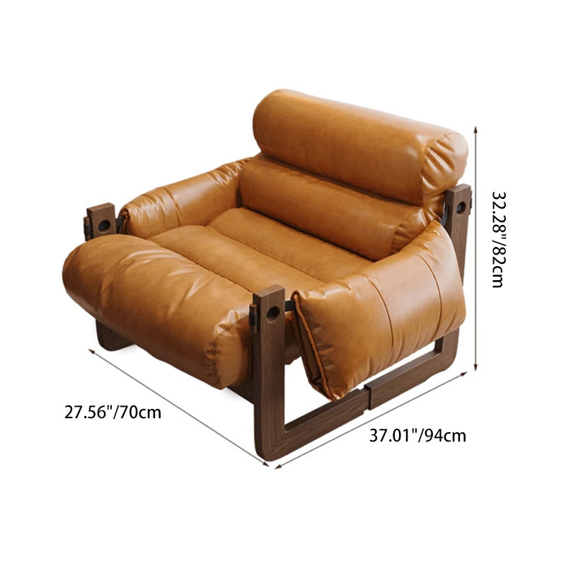 Traditional Chinese Leather Wood Curved Square Accent Chair With Backrest & Armrest For Living Room