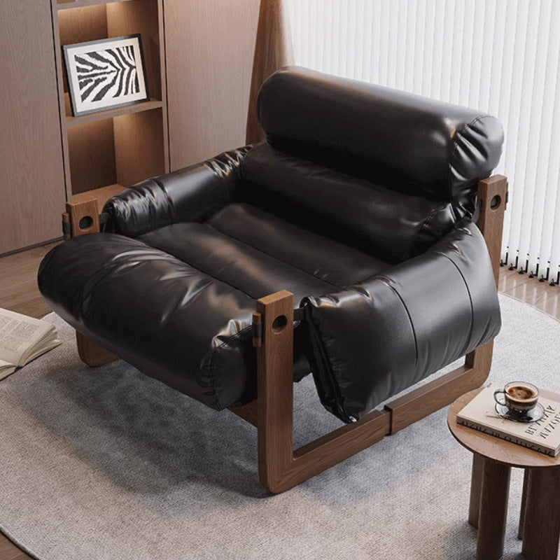 Traditional Chinese Leather Wood Curved Square Accent Chair With Backrest & Armrest For Living Room