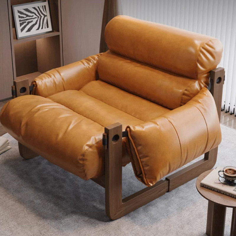 Traditional Chinese Leather Wood Curved Square Accent Chair With Backrest & Armrest For Living Room