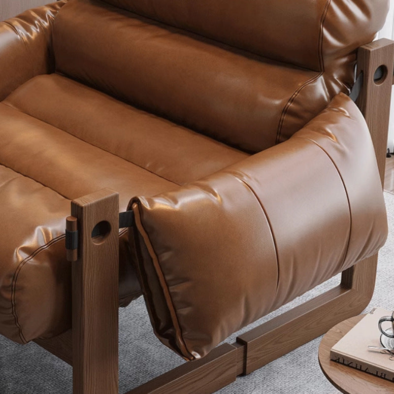Traditional Chinese Leather Wood Curved Square Accent Chair With Backrest & Armrest For Living Room