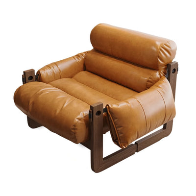 Traditional Chinese Leather Wood Curved Square Accent Chair With Backrest & Armrest For Living Room