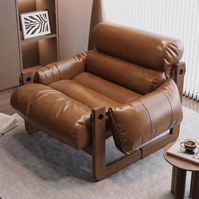 Traditional Chinese Leather Wood Curved Square Accent Chair With Backrest & Armrest For Living Room