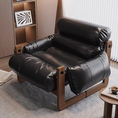 Traditional Chinese Leather Wood Curved Square Accent Chair With Backrest & Armrest For Living Room