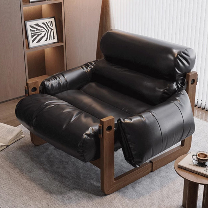 Traditional Chinese Leather Wood Curved Square Accent Chair With Backrest & Armrest For Living Room