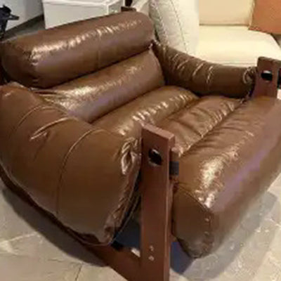 Traditional Chinese Leather Wood Curved Square Accent Chair With Backrest & Armrest For Living Room