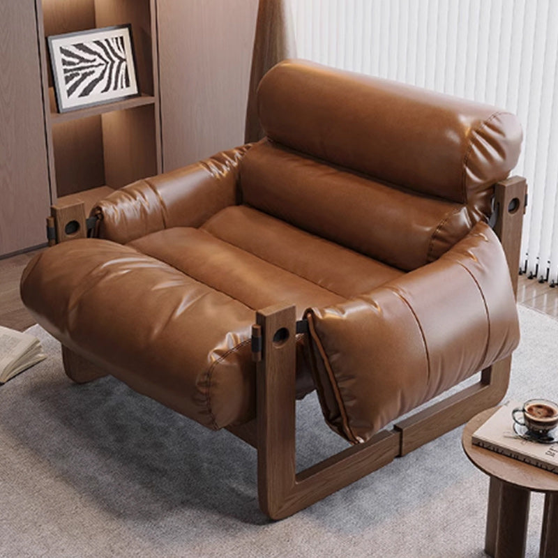 Traditional Chinese Leather Wood Curved Square Accent Chair With Backrest & Armrest For Living Room