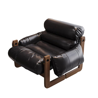 Traditional Chinese Leather Wood Curved Square Accent Chair With Backrest & Armrest For Living Room