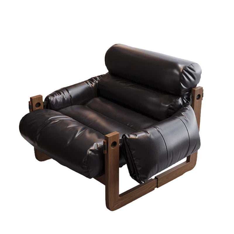 Traditional Chinese Leather Wood Curved Square Accent Chair With Backrest & Armrest For Living Room
