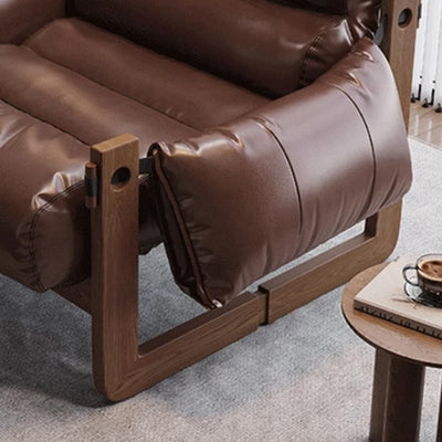 Traditional Chinese Leather Wood Curved Square Accent Chair With Backrest & Armrest For Living Room