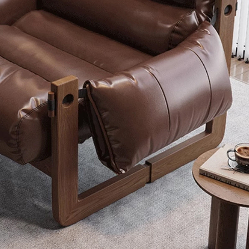 Traditional Chinese Leather Wood Curved Square Accent Chair With Backrest & Armrest For Living Room