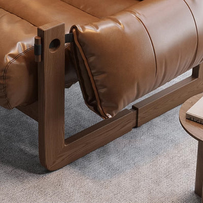 Traditional Chinese Leather Wood Curved Square Accent Chair With Backrest & Armrest For Living Room