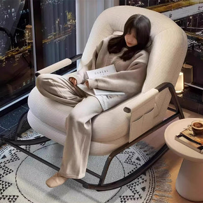 Modern Minimalist Corduroy Metal Rounded Folding Accent Chair With Backrest & Armrest For Living Room