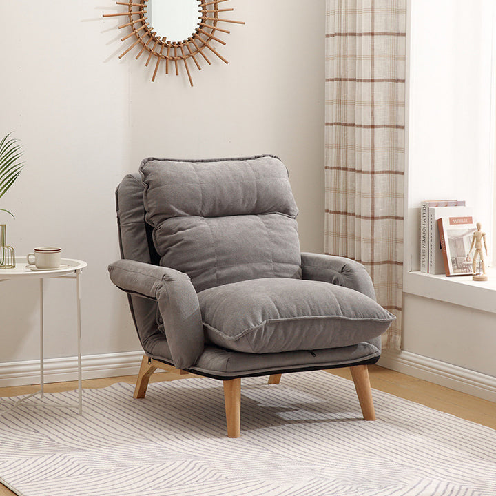 Moderner minimalistischer Akzentstuhl aus Baumwollleinen mit Massivholz, quadratisch, mit Rückenlehne und Armlehne für das Wohnzimmer 
