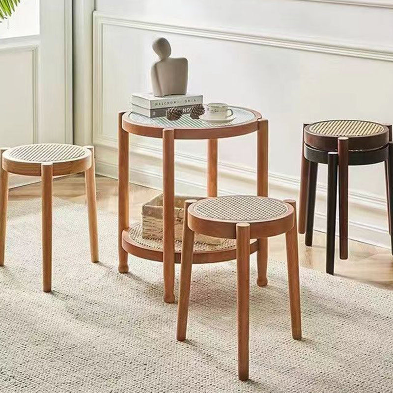 Contemporary Scandinavian Rattan Rubber Wood Round Low Stool For Living Room