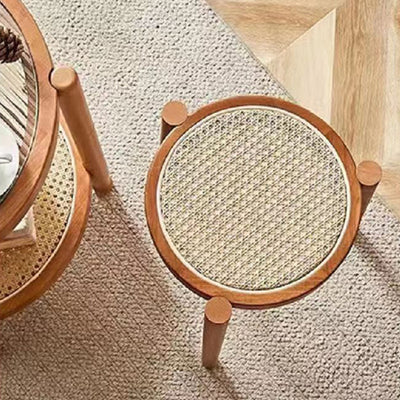 Zeitgenössischer skandinavischer Rattan-Gummibaumholz-Rundhocker für das Wohnzimmer 