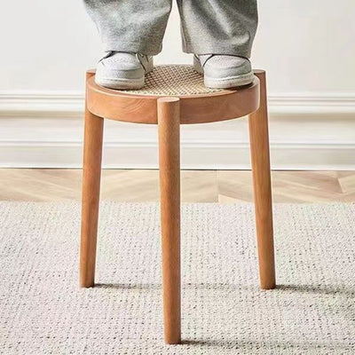 Zeitgenössischer skandinavischer Rattan-Gummibaumholz-Rundhocker für das Wohnzimmer 