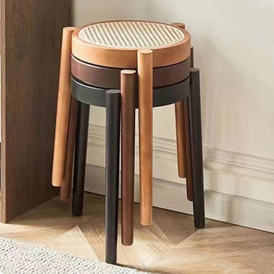 Zeitgenössischer skandinavischer Rattan-Gummibaumholz-Rundhocker für das Wohnzimmer 