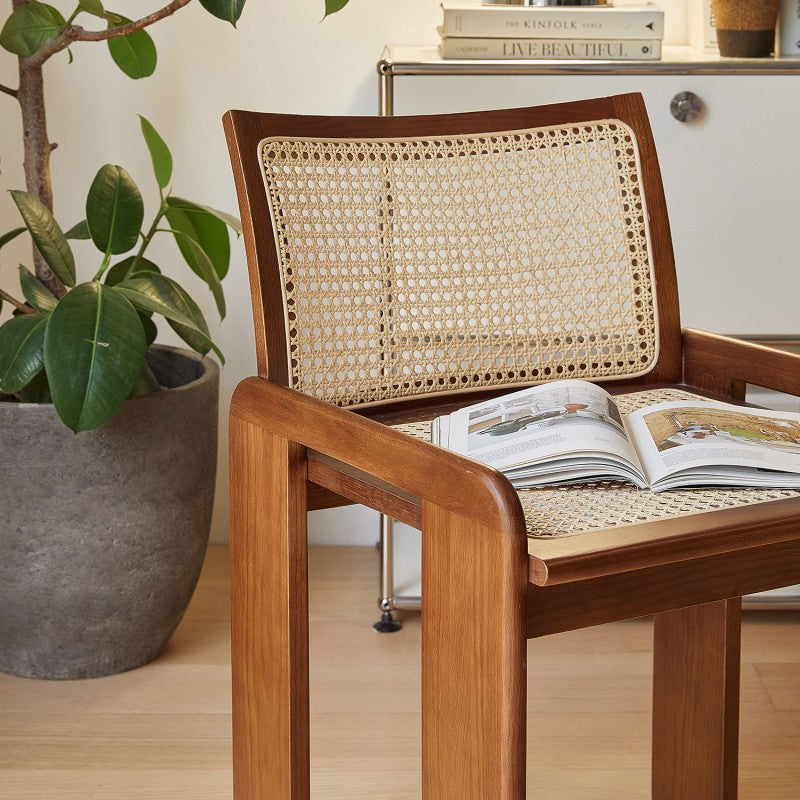 Chaise de salle à manger traditionnelle vintage en rotin en bois massif à lattes creuses avec dossier pour salle à manger 