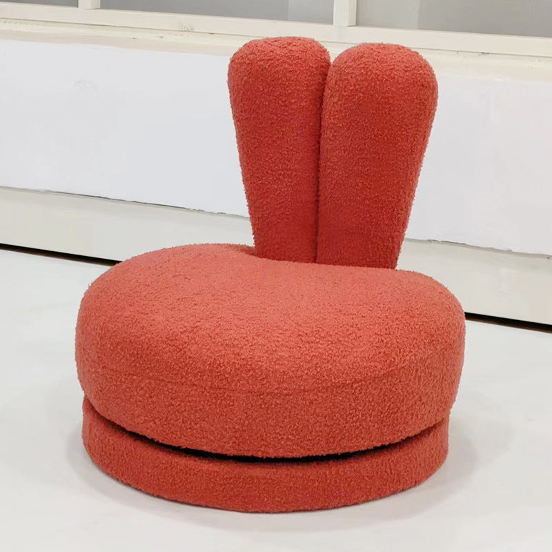 Modern Minimalist Kids Sherpa Fabric Pine Wood Round Bunny-Ear Low Stool With Backrest For Living Room