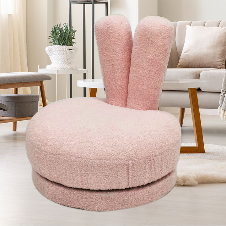 Modern Minimalist Kids Sherpa Fabric Pine Wood Round Bunny-Ear Low Stool With Backrest For Living Room