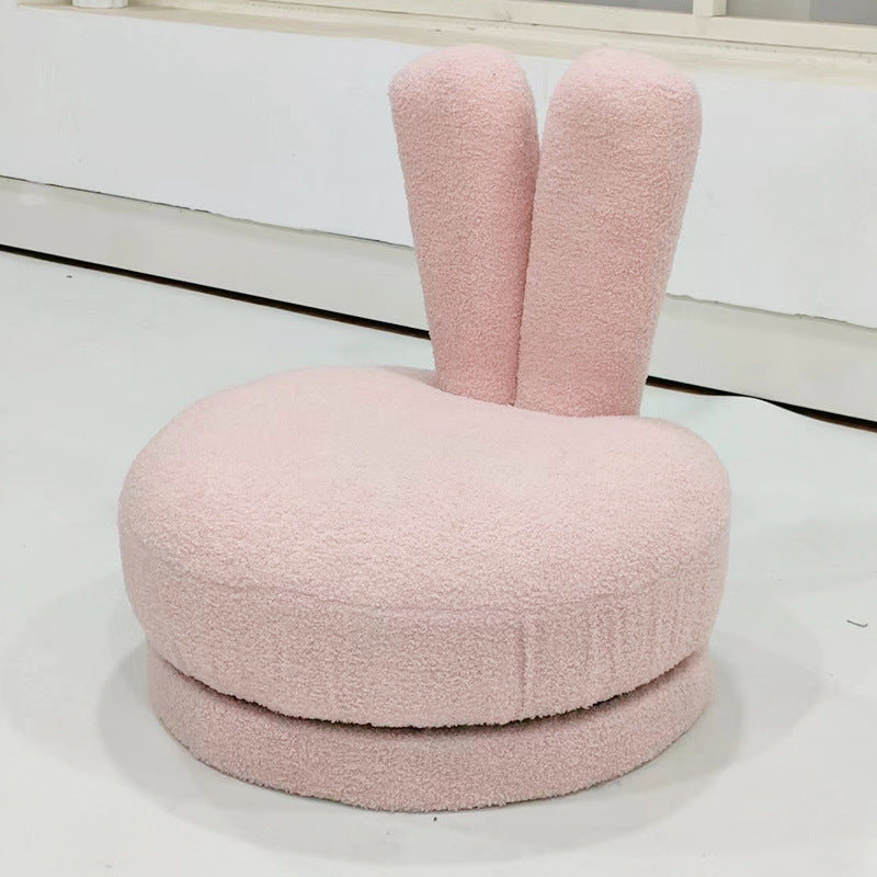 Modern Minimalist Kids Sherpa Fabric Pine Wood Round Bunny-Ear Low Stool With Backrest For Living Room