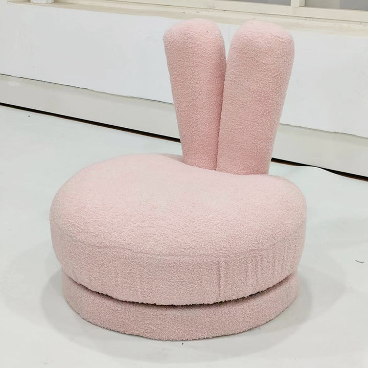 Modern Minimalist Kids Sherpa Fabric Pine Wood Round Bunny-Ear Low Stool With Backrest For Living Room