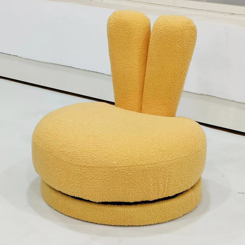 Modern Minimalist Kids Sherpa Fabric Pine Wood Round Bunny-Ear Low Stool With Backrest For Living Room
