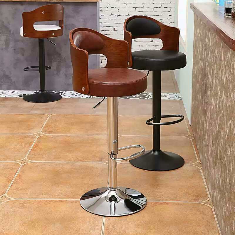 Contemporary Scandinavian PU Leather Linen Steel Curved Round Adjustable Bar Stool With Backrest For Dining Room
