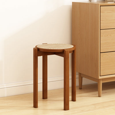 Traditional Vintage Rattan Bamboo Round Long Dining Stool Stackable Space-Saving For Dining Room