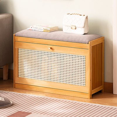 Traditional Japanese Bamboo ABS Linen Rectangular Ventilated Shoe Bench For Entryway & Living Room
