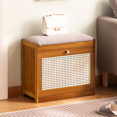 Traditional Japanese Bamboo ABS Linen Rectangular Ventilated Shoe Bench For Entryway & Living Room