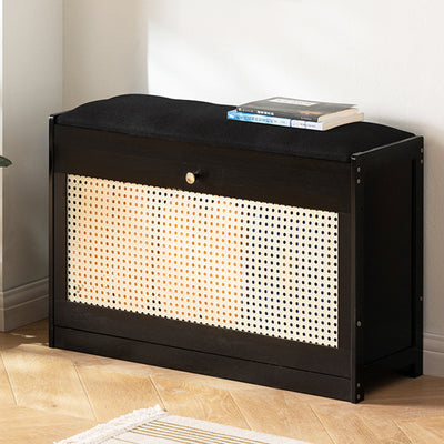 Traditional Japanese Bamboo ABS Linen Rectangular Ventilated Shoe Bench For Entryway & Living Room