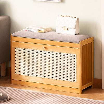 Traditional Japanese Bamboo ABS Linen Rectangular Ventilated Shoe Bench For Entryway & Living Room